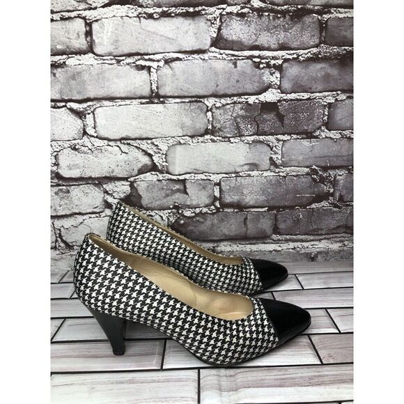 Vintage 80's BRUNO MAGLI Black White Pattern Cap Toe Heels Women Sz 6B US/36.5EU - Picture 6 of 16